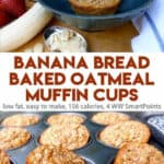 tin of individual banana bread oatmeal muffin cups. Blue Pottery Bowl with One in it with banana and strawberries alongside
