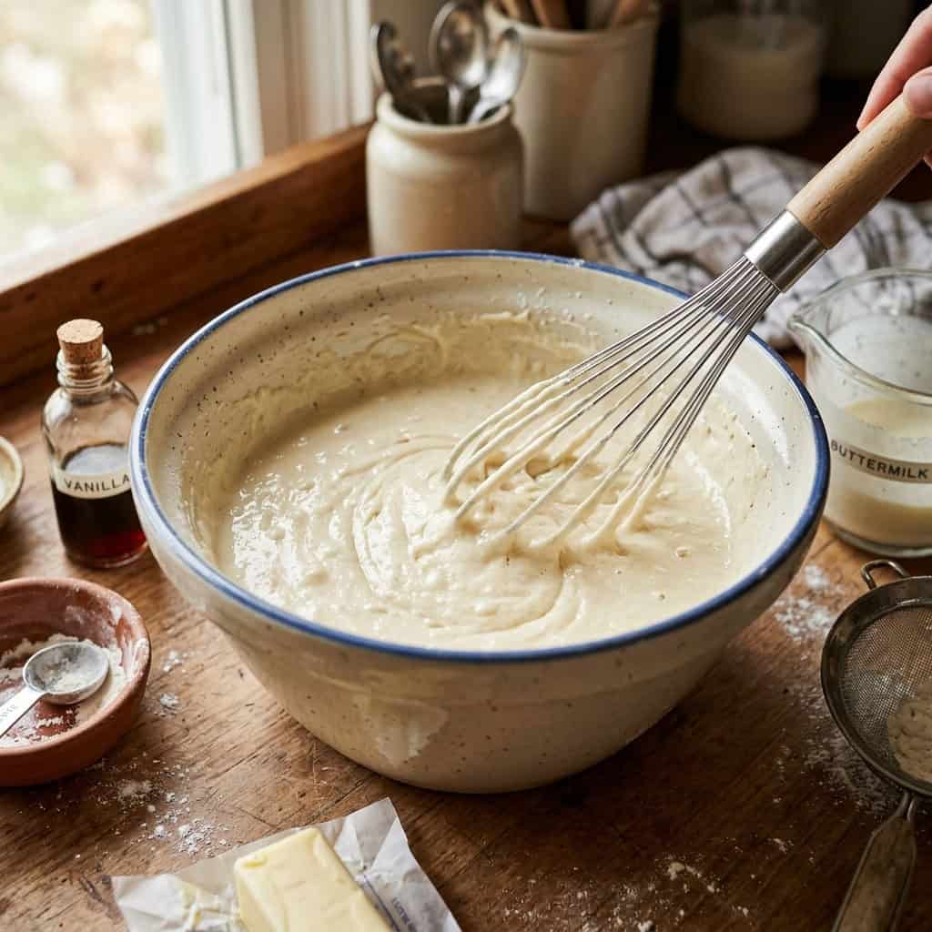 Whisking buttermilk cake in a ceramic bowl with whisk