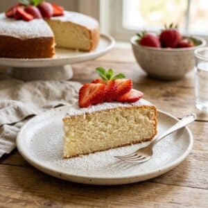 slice of simple buttermilk cake topped with sliced strawberries on white plate