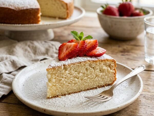 slice of simple buttermilk cake topped with sliced strawberries on white plate