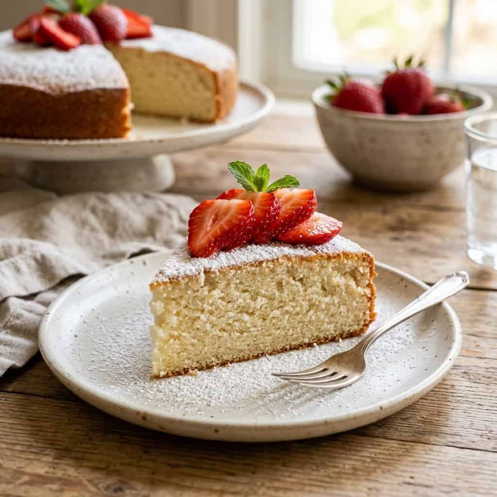 slice of simple buttermilk cake topped with sliced strawberries on white plate
