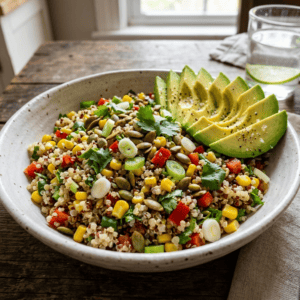 bowl of quinoa corn salad garnished with avocado on wooden table