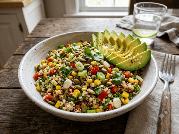 bowl of quinoa corn salad garnished with avocado on wooden table