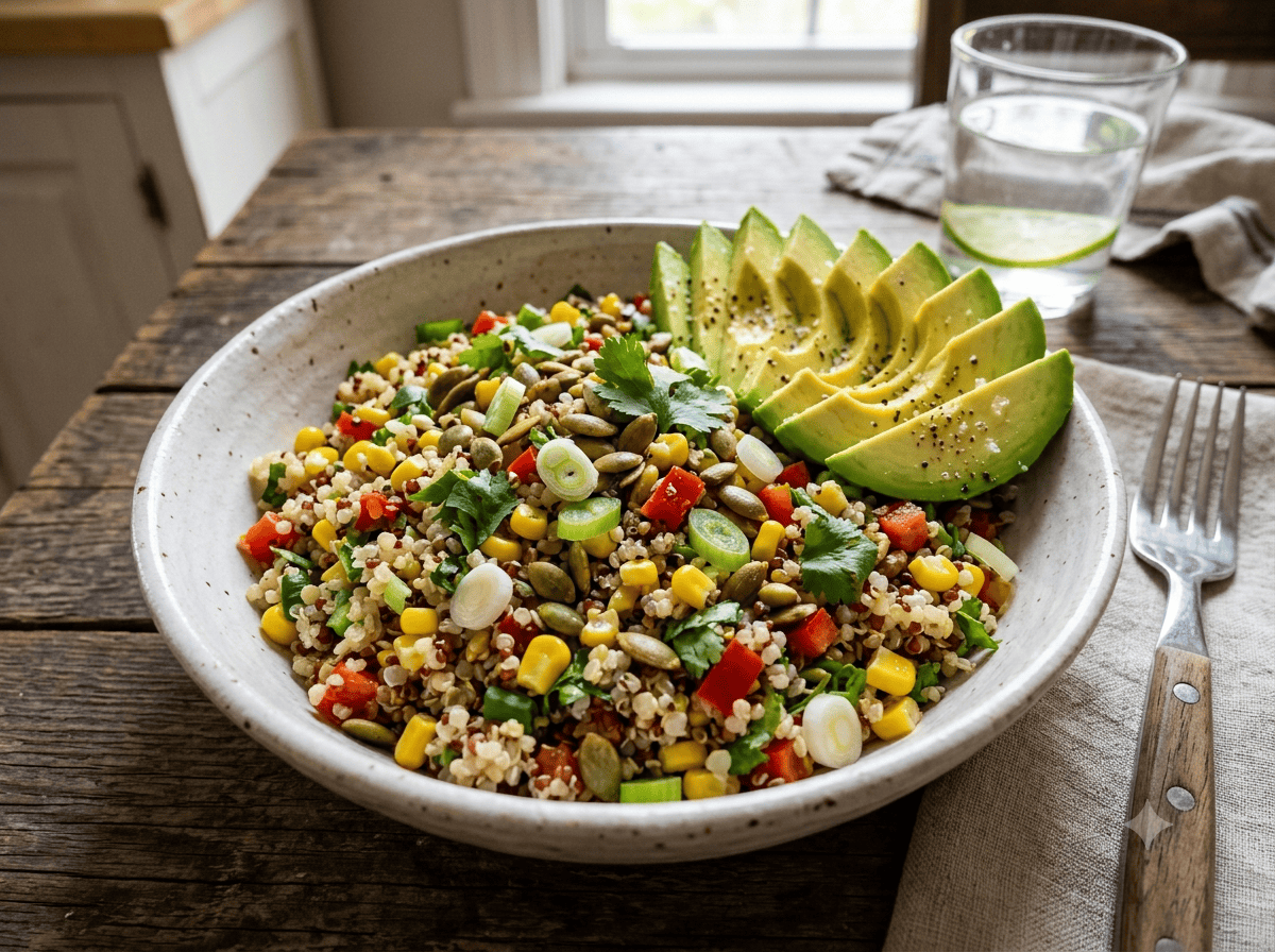 bowl of quinoa corn salad garnished with avocado on wooden table