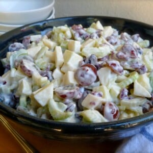 skinny waldorf salad blue ceramic bowl