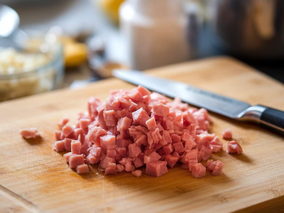 Diced ham on a wooden cutting board with a knife alongside