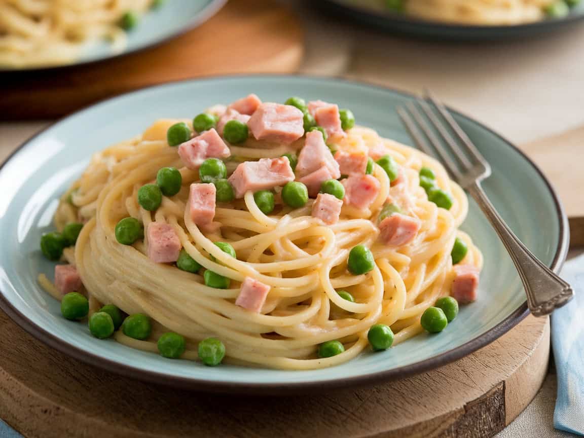 spaghetti tossed with diced ham and peas in a light cream sauce