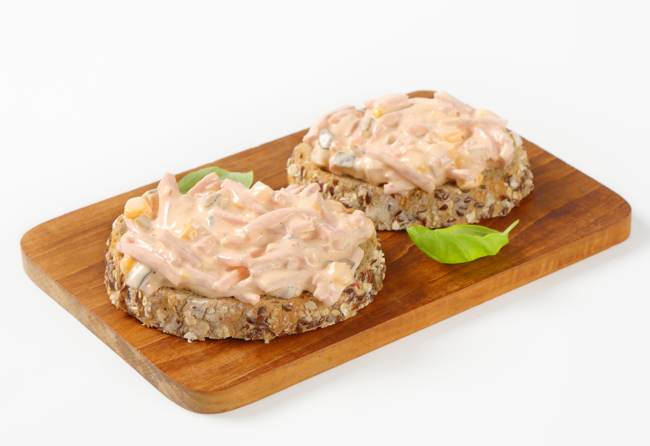 Ham Salad Spread Made Lighter for Weight Watchers on whole grain sliced bread.