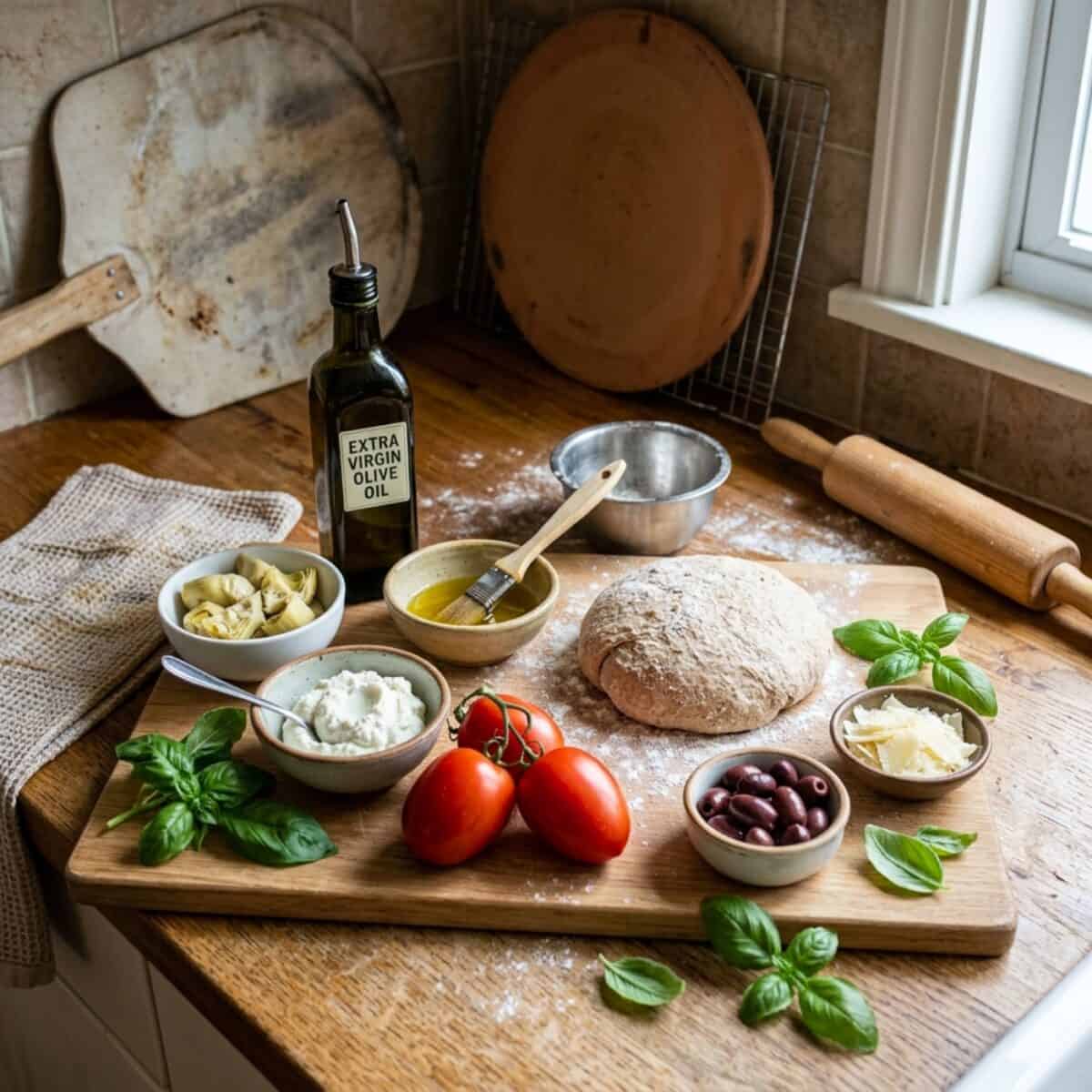 Whole wheat pizza dough, Kalamata olives, shaved Parmesan cheese, plum tomatoes, ricotta cheese, artichoke hearts, olive oil and fresh basil leaves on kitchen counter with pizza making tools including a rolling pin and pizza stone.