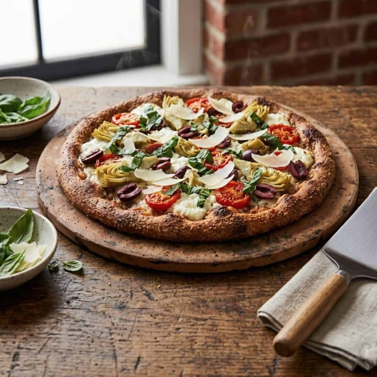 Whole wheat pizza with artichokes, Kalamata olives, and sliced tomatoes on pizza stone.