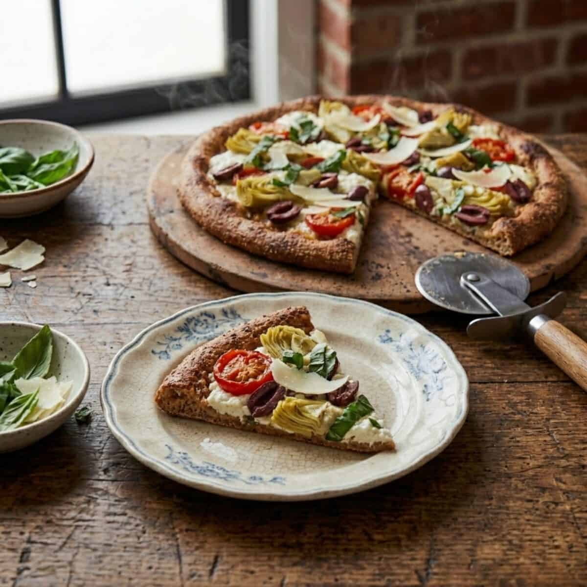 Whole wheat pizza with artichokes, tomatoes, Kalamata olives and fresh basil on pizza stone alongside slice of pizza on small plate.