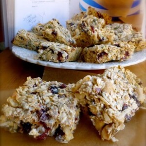 nigella breakfast bars foreground, plate and cookbook background