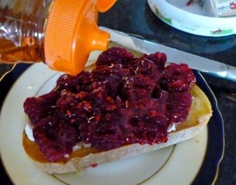Toast with Raspberries, Laughing Cow Cheese, & Honey