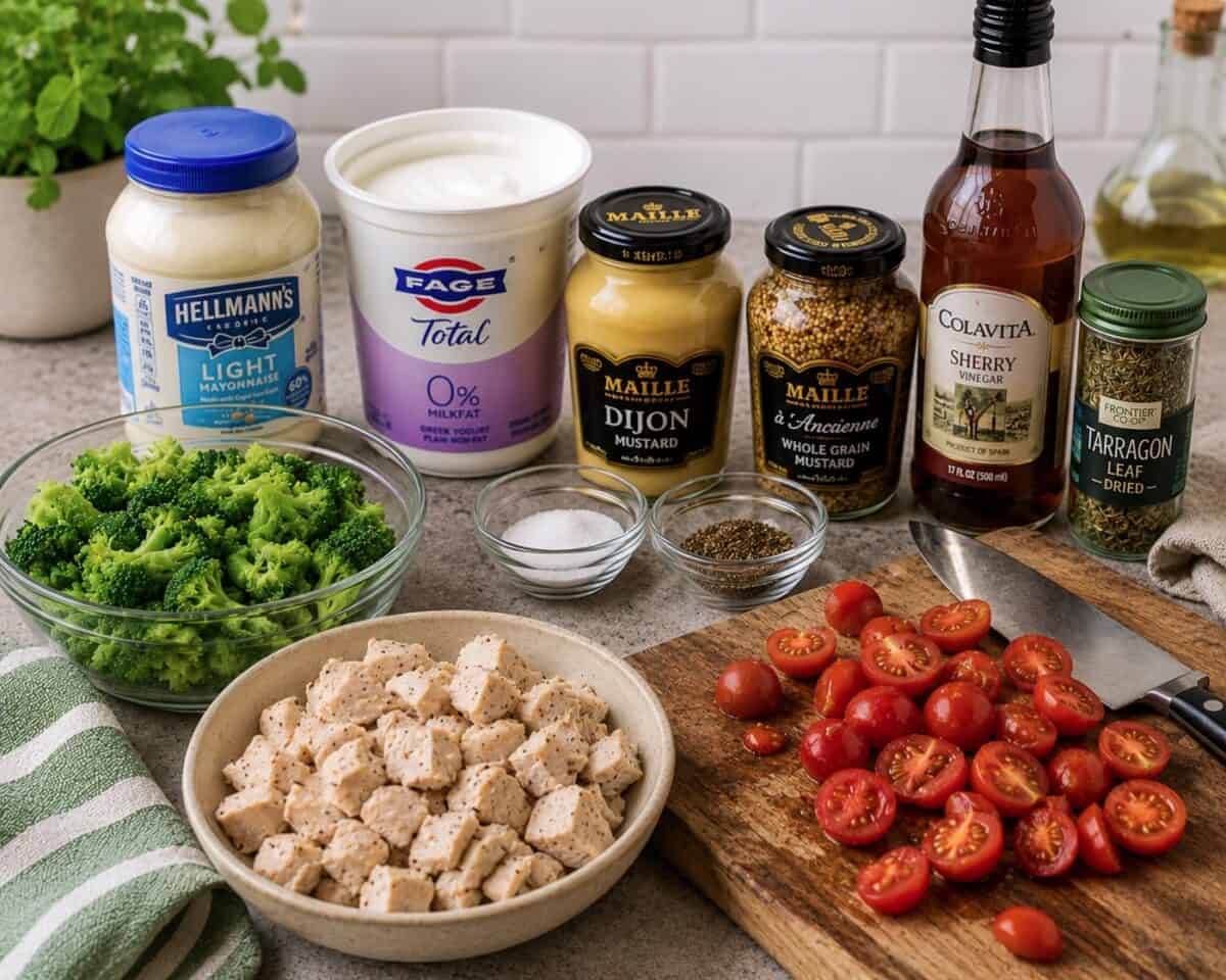 Ingredients including chopped chicken breast, small broccoli floret, halved cherry tomatoes, light mayonnaise, plain Greek yogurt, Dijon mustard whole grain mustard, sherry vinegar and dried tarragon.