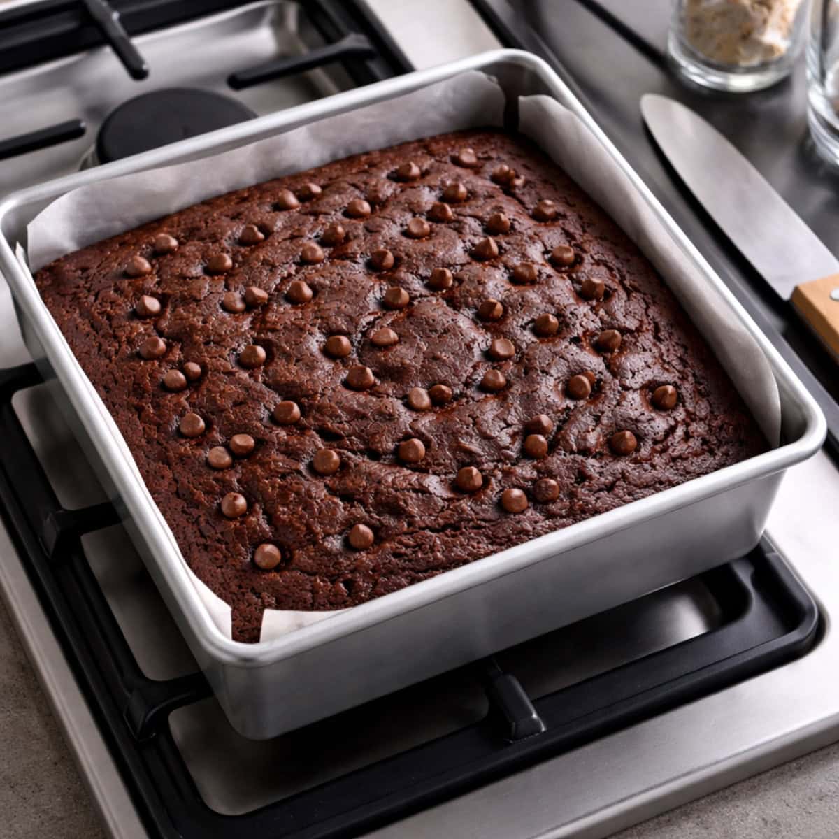 Chocolate Chocolate Chip Snack Cake in 8-inch square baking pan sitting on stove.