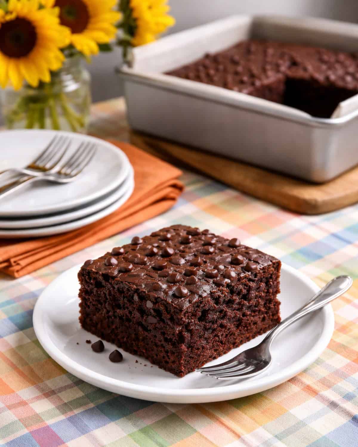 Chocolate Chocolate Chip Snack Cake on small white dessert plate with a fork, stack of plates and forks and cake pan in the background with a vase of sunflowers.