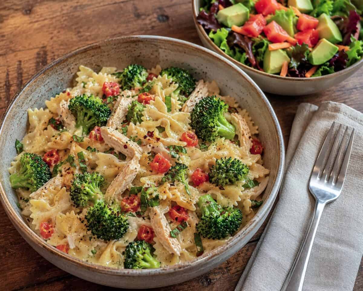 Creamy Farfalle Pasta with Spicy Chicken, Broccoli and Basil in a pottery bowl with a fork, linen napkin and small mixed green salad alongside.