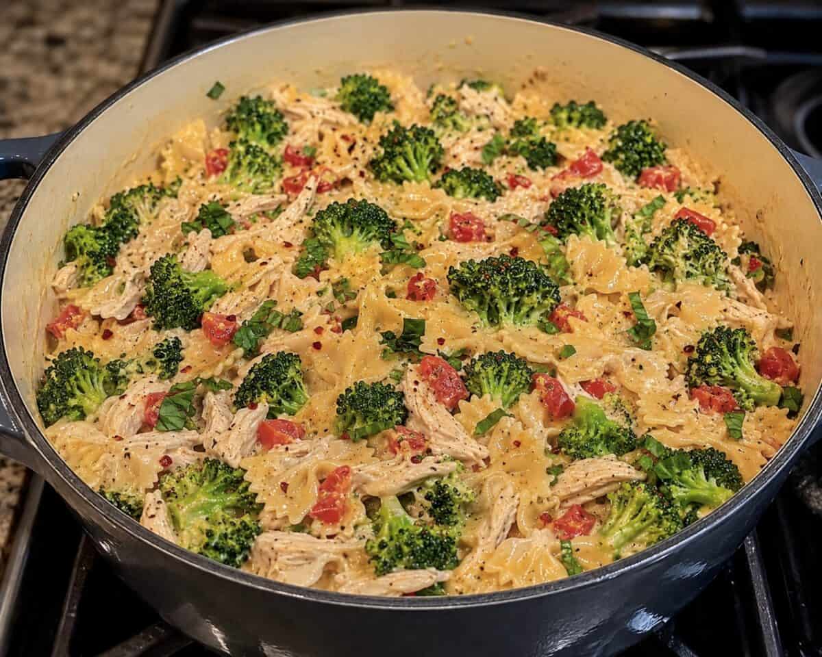 Creamy pasta with spicy chicken, broccoli and basil in dutch oven on stove top.