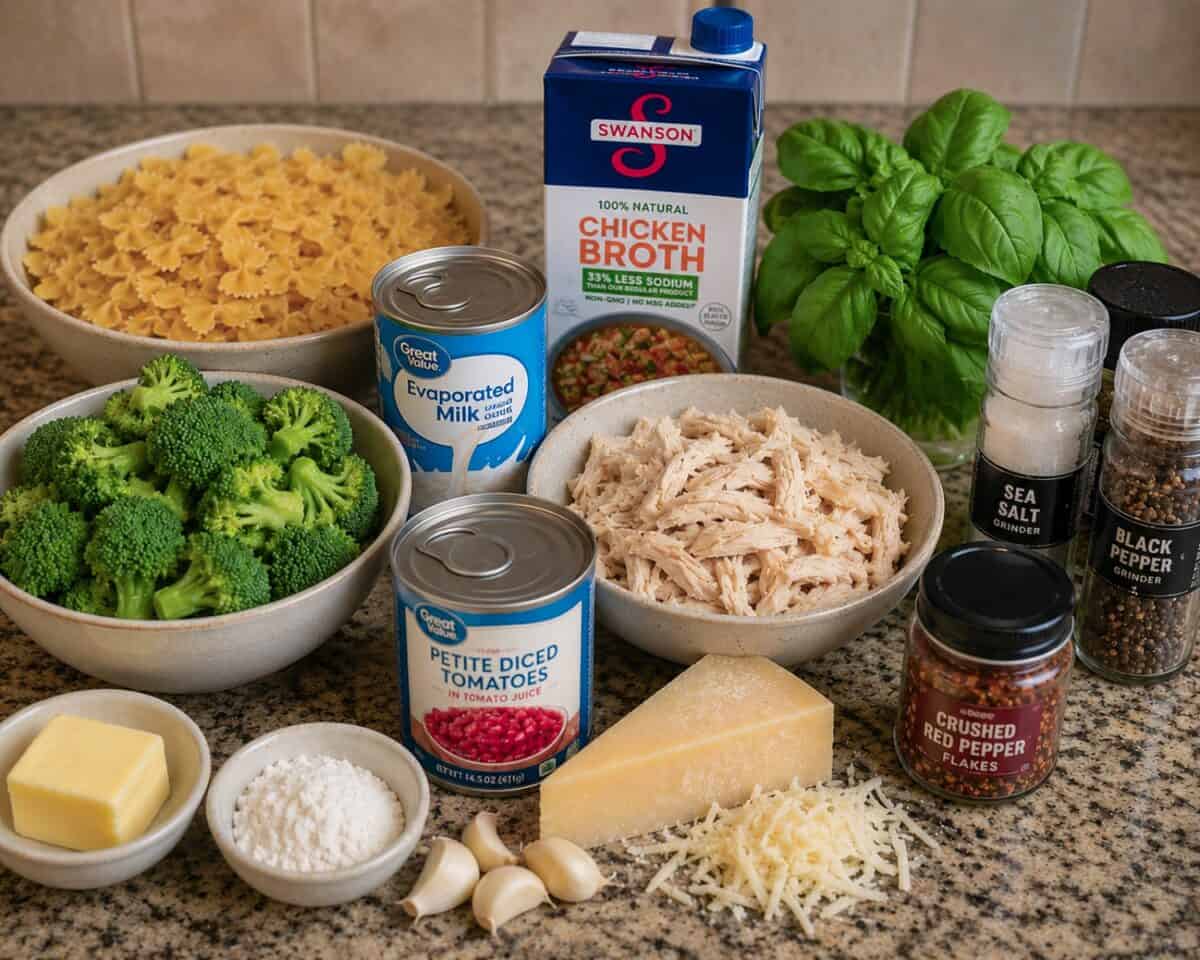 Ingredients including dried farfalle, broccoli florets, butter, flour, evaporated milk, petite diced tomatoes, Parmesan cheese, garlic, shredded cooked chicken breast, fresh basil, crushed red pepper flakes and salt and pepper on kitchen counter.