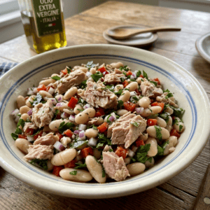 pottery bowl of italian tuna white bean salad with bottle of olive oil in background