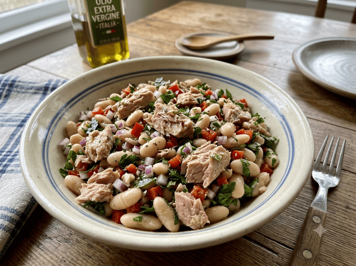 pottery bowl of italian tuna white bean salad with bottle of olive oil in background