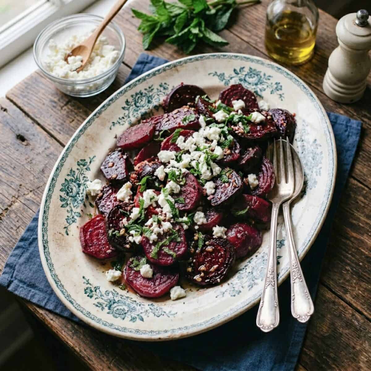 Roasted Beet Salad topped with crumbled goat cheese and freshly chopped mint on vintage serving platter with serving utensils on wood table.