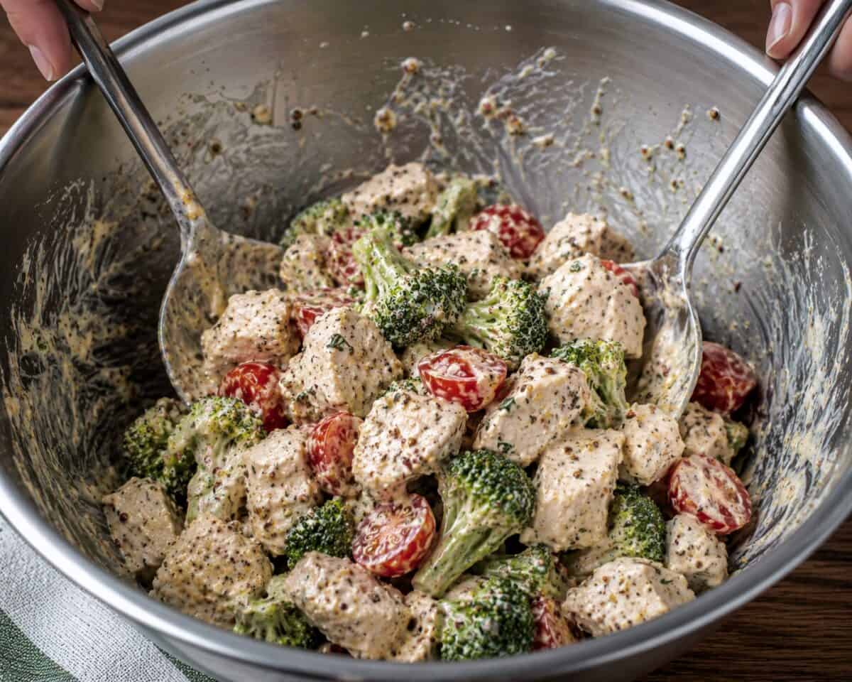 Tossing mustard chicken salad in stainless mixing bowl with large spoons.