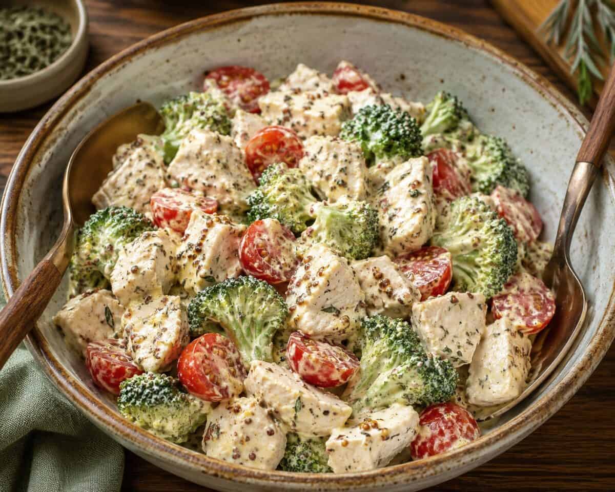 Mustard Chicken Salad in serving bowl with serving spoons.