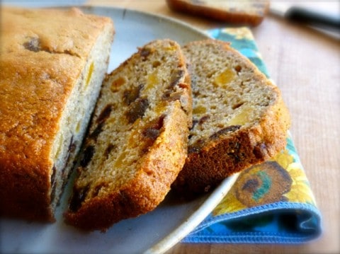 Sliced Low Fat Banana Bread with Dates and Apricots.