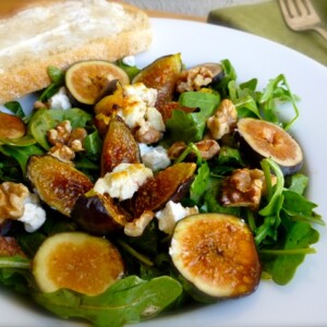 Warm Fig & Goat Cheese Salad white bowl bread behind