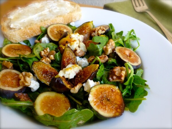 Warm Fig & Goat Cheese Salad white bowl bread behind