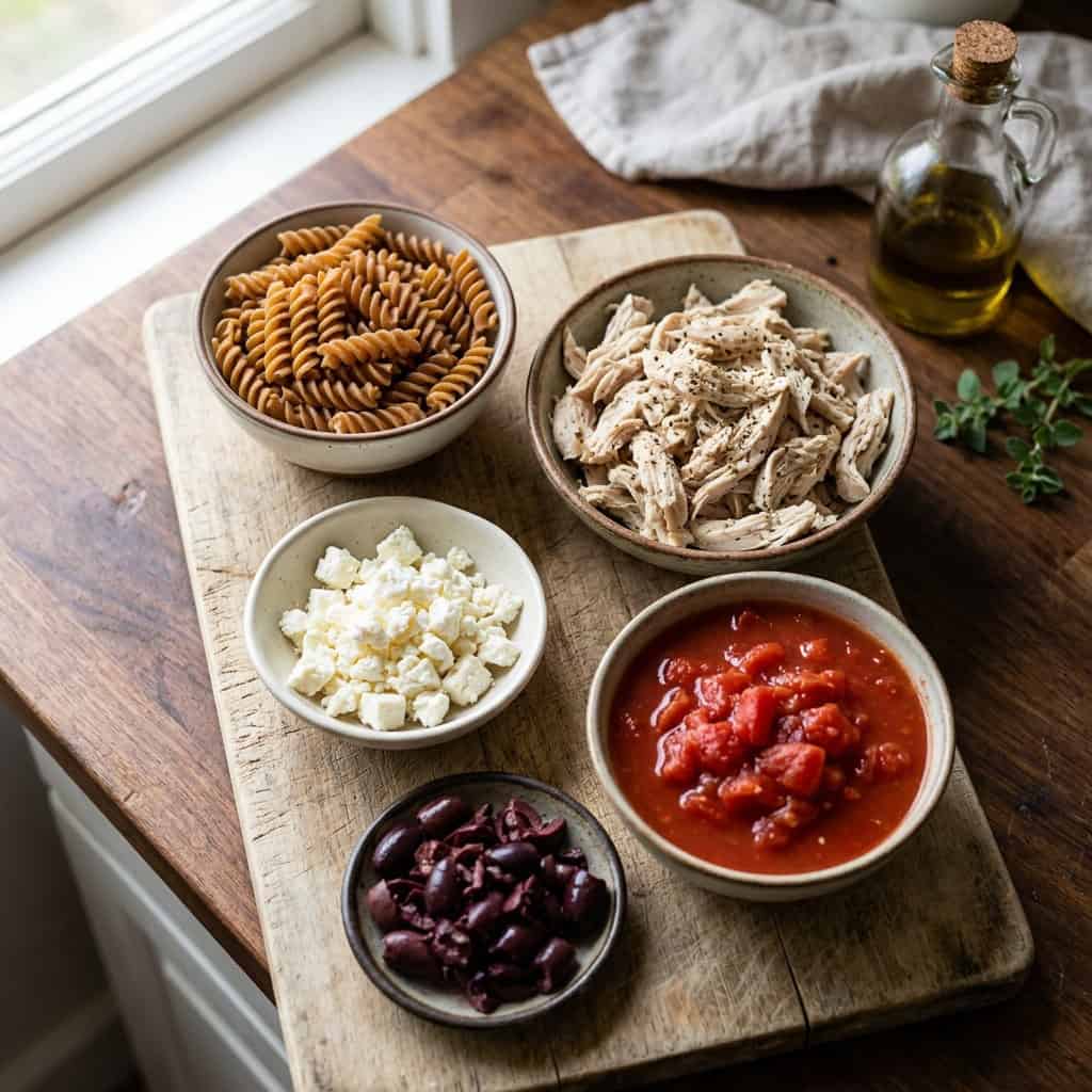 bowls of ingredients on counter: whole wheat fusilli, chopped cooked chicken, canned diced tomatoes, kalamata olives, crumbled feta cheese