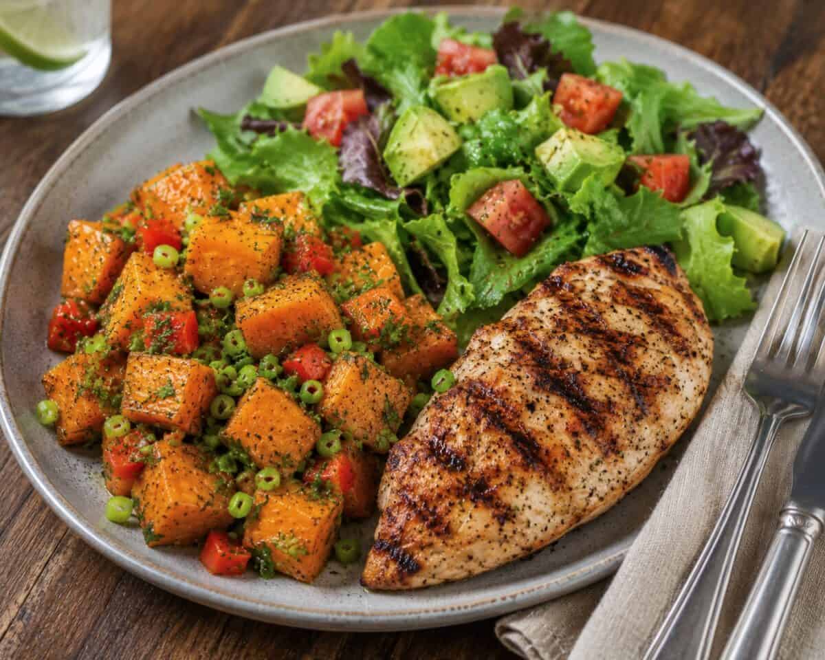 Southwest Sweet Potato Salad on a dinner plate with grilled chicken breast and mixed green salad and a fork, knife and linen napkin alongside.