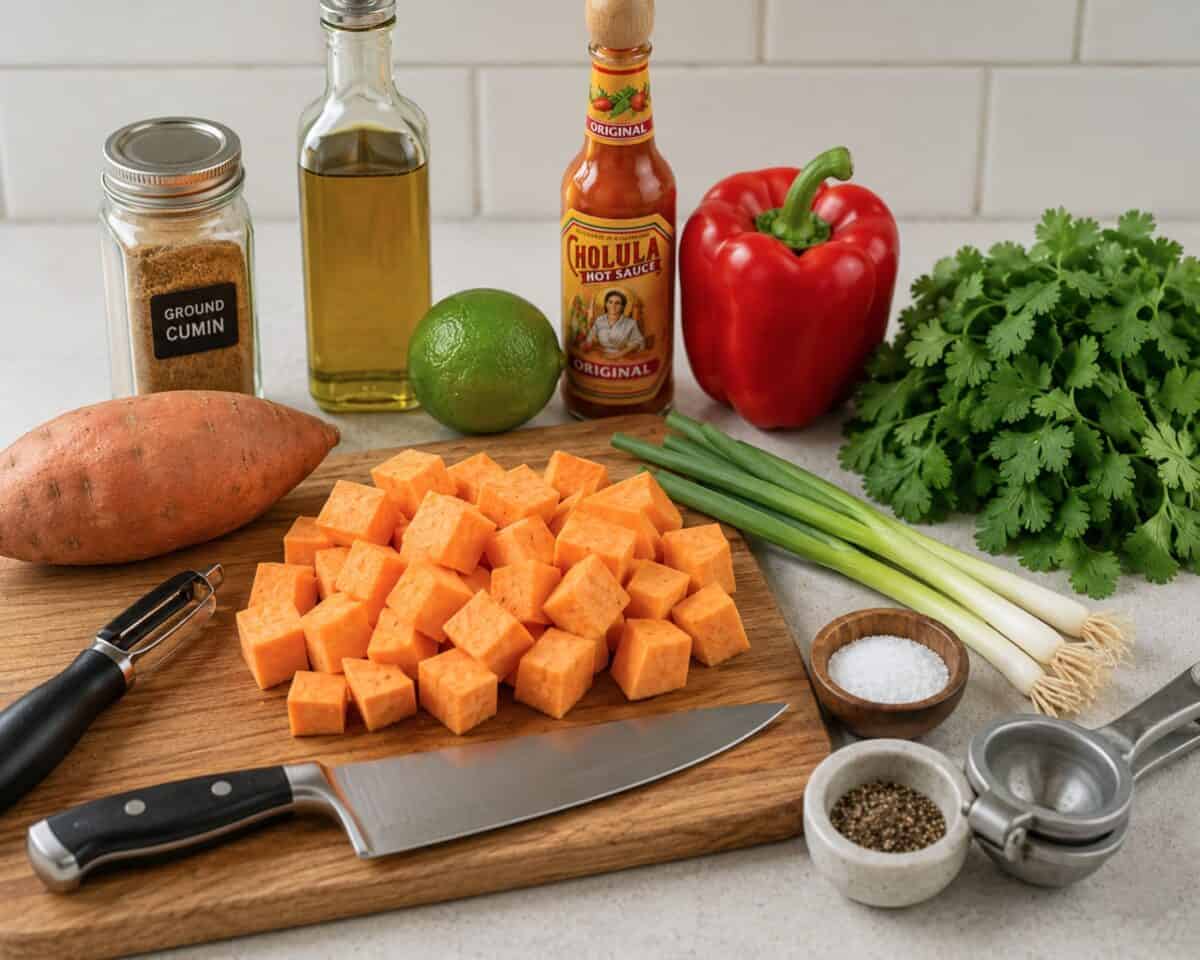 Ingredients including a chopped sweet potato, whole sweet potato, lime, red bell pepper, cilantro, ground cumin, hot pepper sauce on kitchen counter with chef knife.