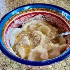 Talavera bowl of banana cream pie breakfast yogurt ready to enjoy