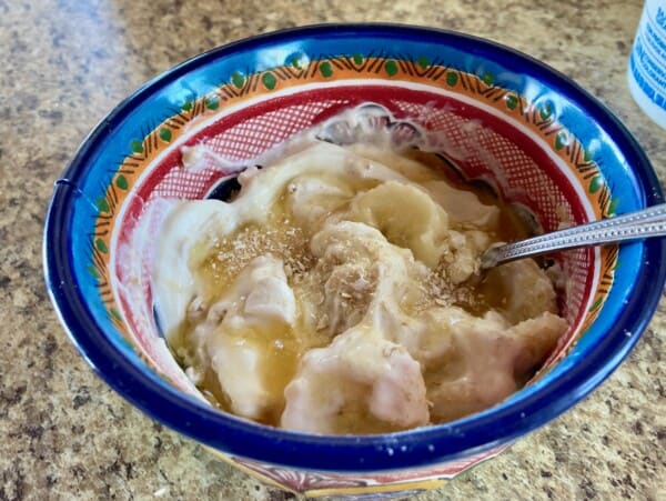 Talavera bowl of banana cream pie breakfast yogurt ready to enjoy
