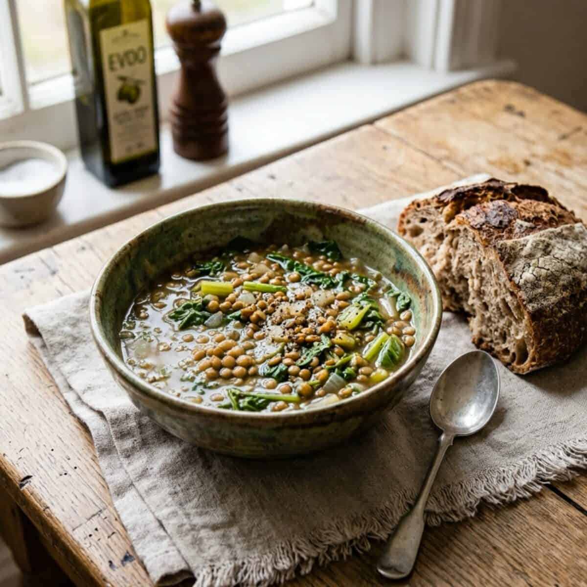 Lentil Soup with Swiss Chard in a pottery bowl with a spoon and crusty bread on a linen placemat on wood table.