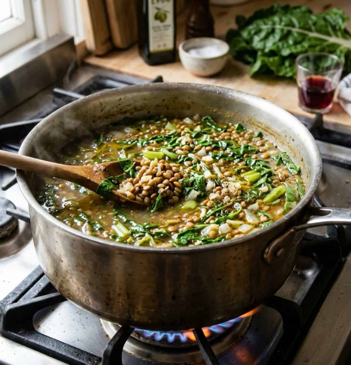 Cooking lentil soup with Swiss chard in a large saucepan on gas stove.