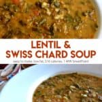 Lentil Swiss Chard soup in a white bowl with spoon.
