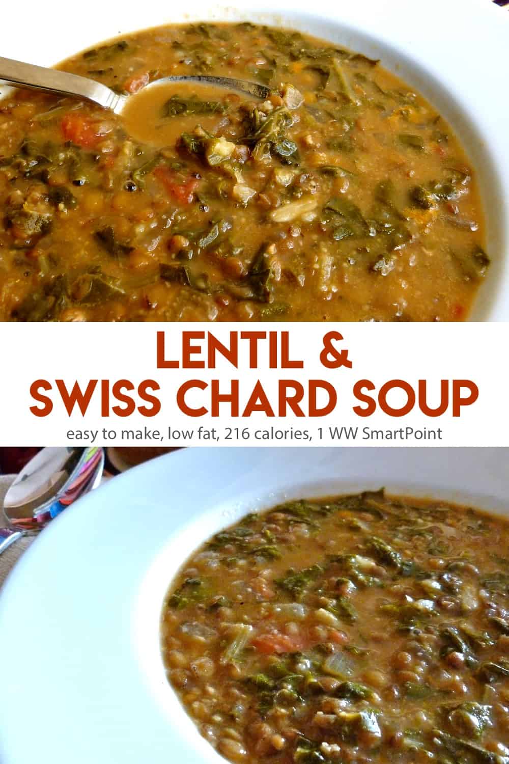 Lentil Swiss Chard soup in a white bowl with spoon.