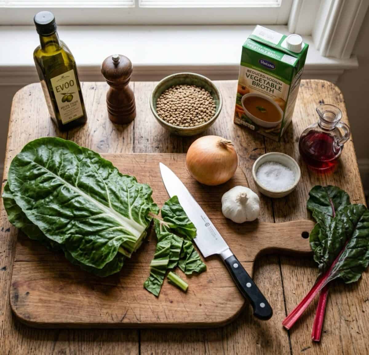 Soup ingredients on wood table including Swiss chard, dried brown lentils, reduced-sodium vegetable broth, onion, garlic, red wine vinegar, salt and pepper.