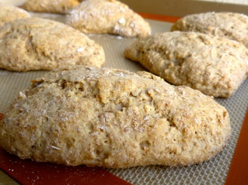 Irish wholemeal scones on baking mat up close.