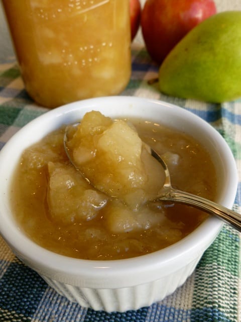 Pear Apple Compote with Honey in white ramekin with spoon and fresh apple and pear in the background.
