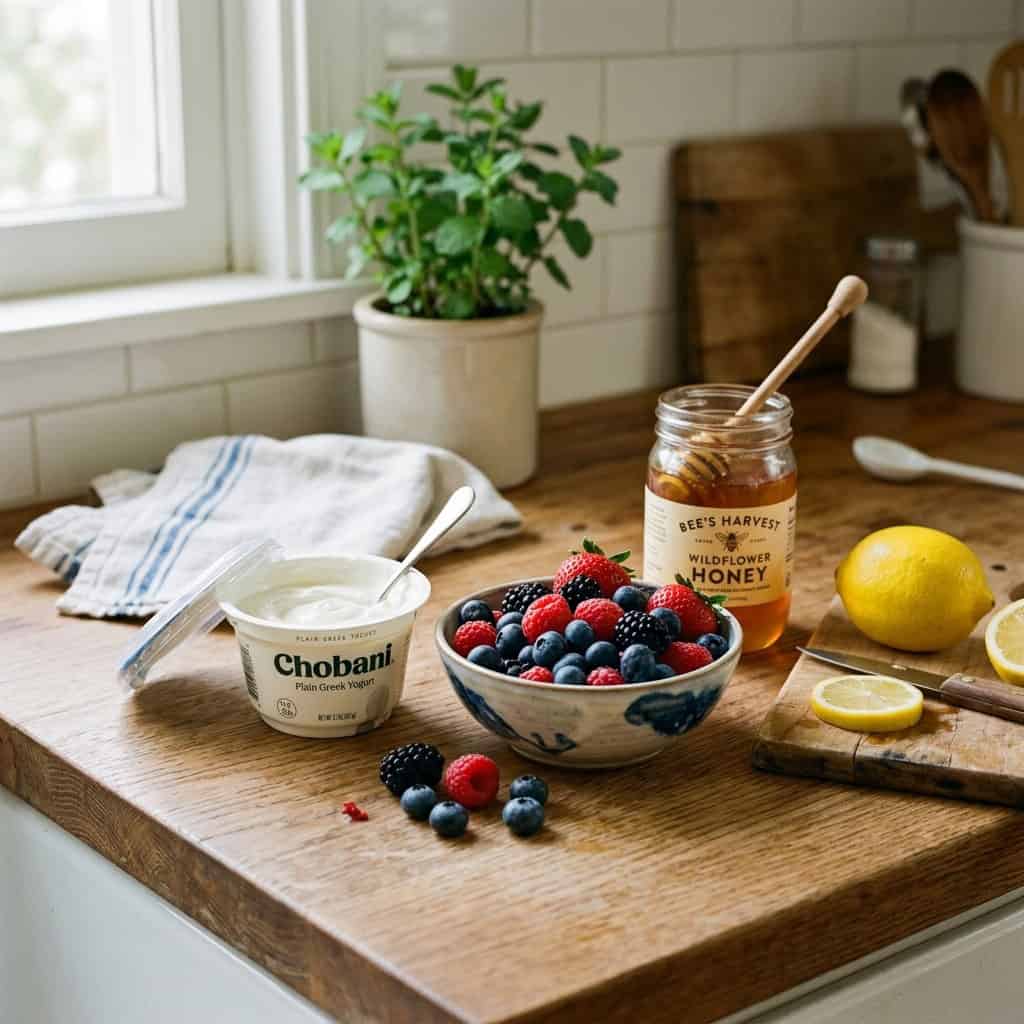 container of yogurt, bowl of berries, jar of honey, fresh lemon on kitchen counter