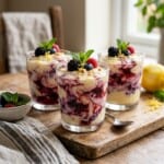 3 glasses filled with lemon triple berry fool with greek yogurt on cutting board