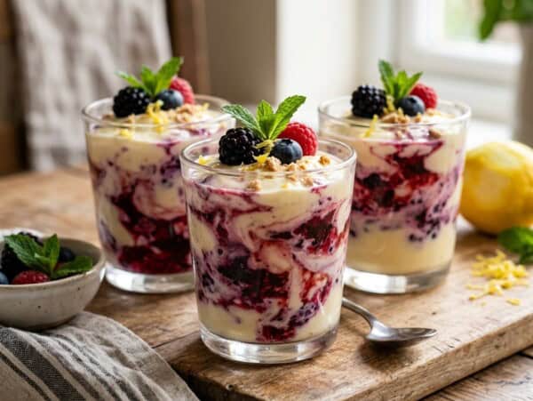 3 glasses filled with lemon triple berry fool with greek yogurt on cutting board