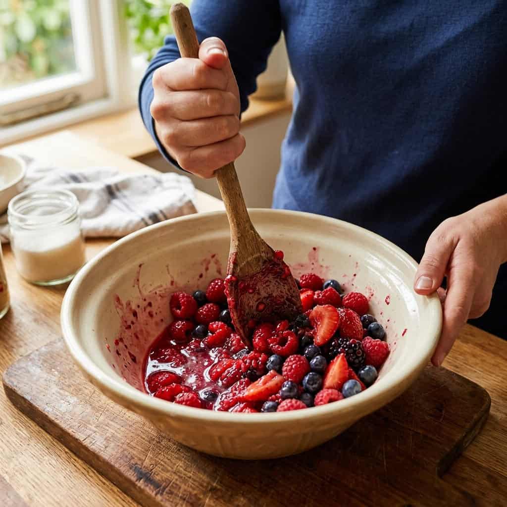 mashing berries in a ceramic bowl with wooden spoon