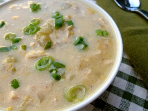Turkey Green Chile Chowder in a bowl tipped with sliced green onion
