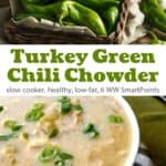 Basket of green chiles near bowl with turkey green chile chowder.