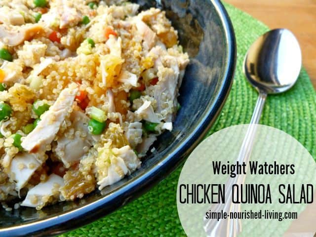 Weight Watchers Chicken Quinoa Salad in a blue dish with a spoon.